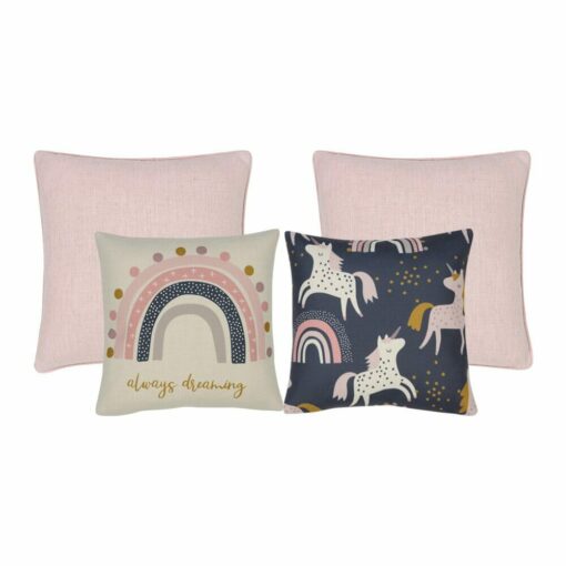 4 piece cute and girly kids bedroom pink cushion set with rainbows and unicorns