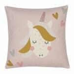 Pink kids cushion with pastel-coloured unicorn