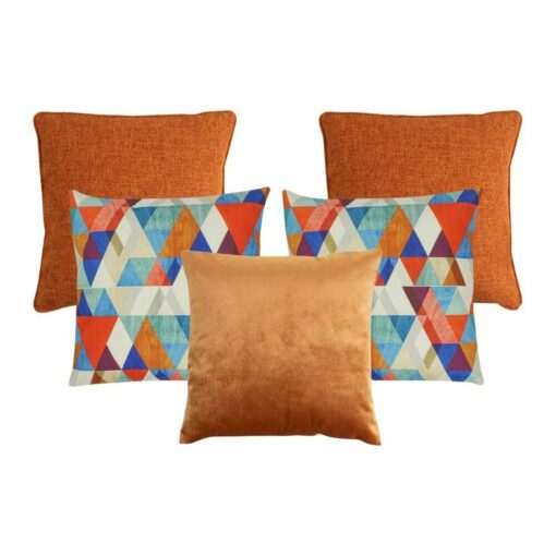 Set of 5 square cushions in burnt orange and copper colours