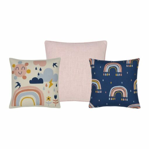 3 piece cushion set in pink and navy blue colours, with sun and rainbow print