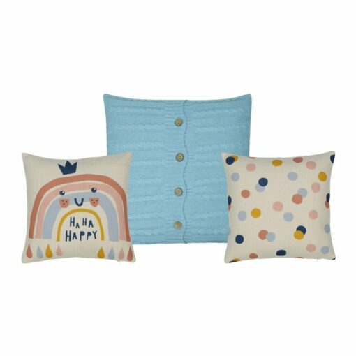 3 piece pastel blue and pink kids cushion set in cotton linen blend and knit materials