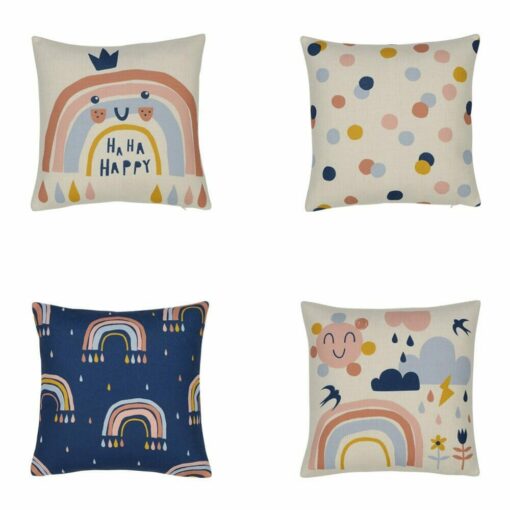 Cute 4 pink and blue girls bedroom cushions with rainbows and polka dots