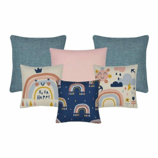 Photo of cute kids bedroom cushion set in navy blue and pink with sun, flowers and happy rainbows