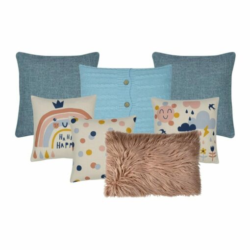 7 piece cushion set for kids and girls bedroom in blue and pink faux fur, knit and cotton linen blend fabrics