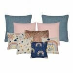 Cute cushion set for kids or girls bedroom in pink and blue colours with faux fur and cotton linen blend material