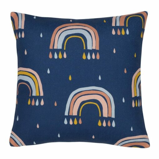 Dark coloured kids cushion with colourful pastel rainbows in cotton linen fabric