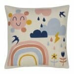 Photo of colourful cotton linen blend kids cushion with happy rainbows and flowers