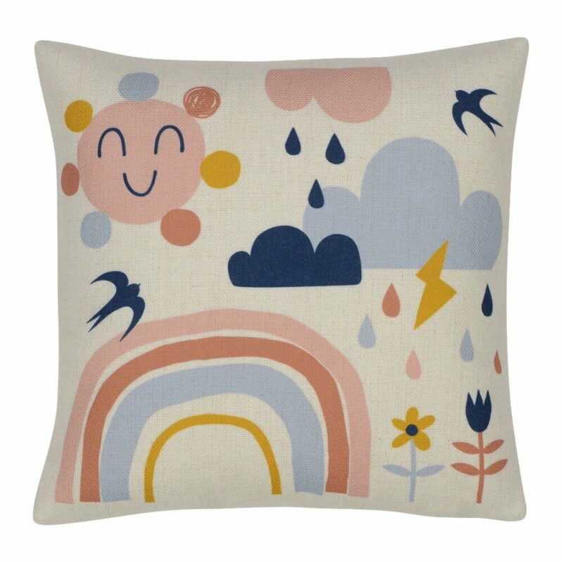 Photo of colourful cotton linen blend kids cushion with happy rainbows and flowers