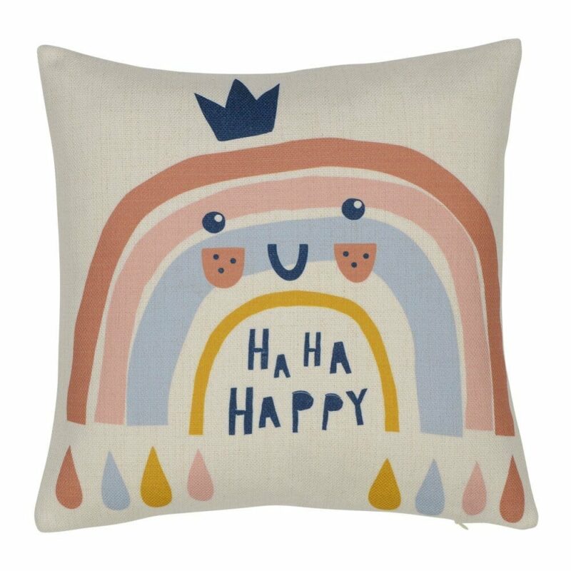 Lovely Rainbow Happy Kids Cushion Cover - 35cm x 35cm - SC738-35 Close up photo of colourful pastel happy rainbow with crown