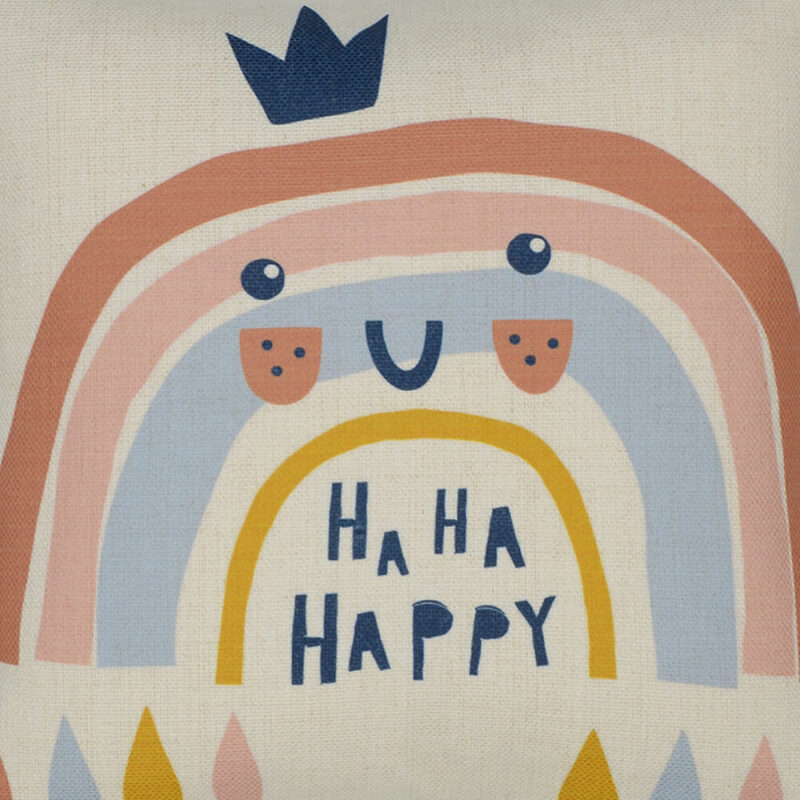 Close up photo of square cushion with colourful happy rainbow