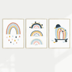 Set of 3 colourful kids wall prints featuring fun rainbow inspired designs