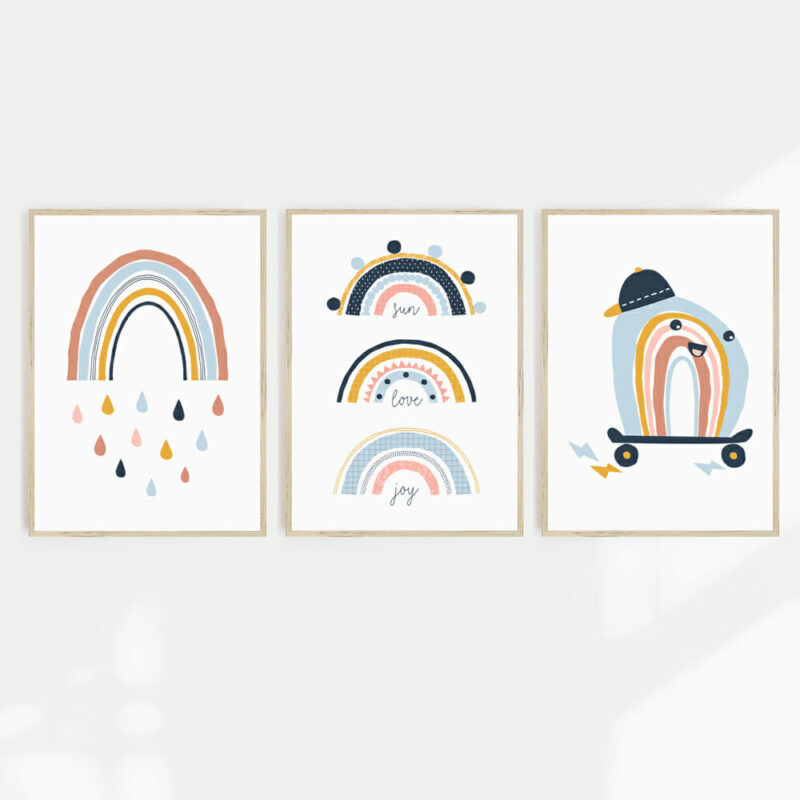 Lovely Rainbow Kids Wall Art - Set of 3 - WA1009 Set of 3 colourful kids wall prints featuring fun rainbow inspired designs