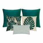 Image of garden-themed 5 cushion set in emerald green colour.