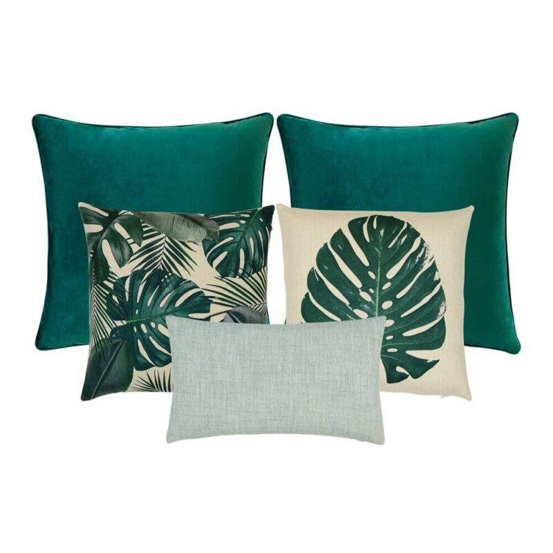 Lush-5-Cushion-Cover-Collection Image of garden-themed 5 cushion set in emerald green colour.