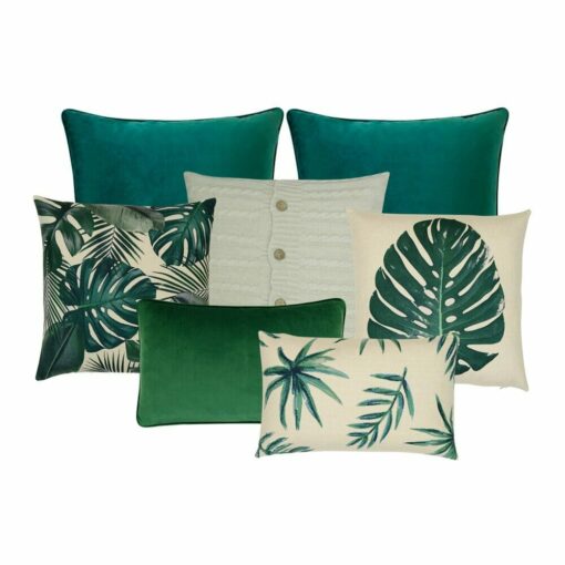 Elegant and lush themed set of green cushion covers with ferns and leaves print