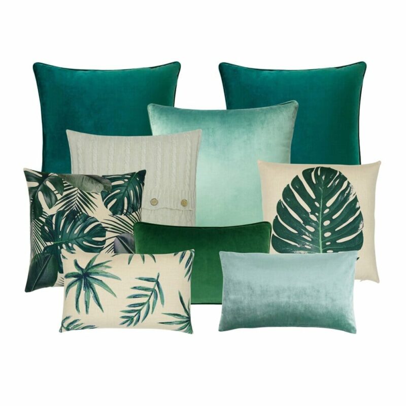 Lush-9-Cushion-Cover-Collection Mixture of 9 cushions with green and white velvet, knit and fabrics