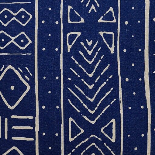 Close up image of Mali inspired blue and white rectangular cushion