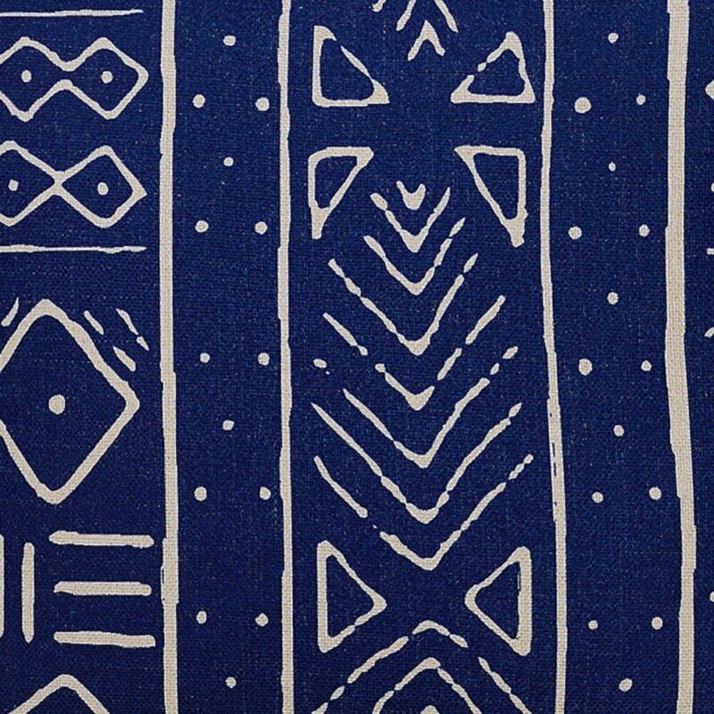 Close up image of Mali inspired blue and white rectangular cushion