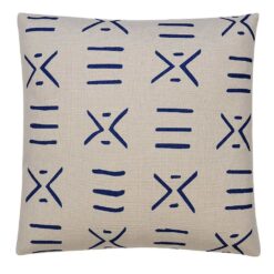 Photo of white square cushion cover with navy blue Mali print
