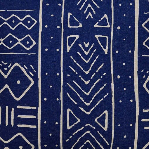 Close up image of African tribal cushion cover in navy blue and white colours