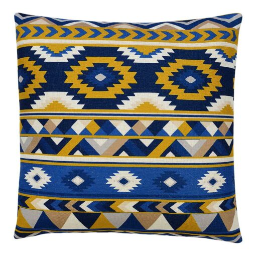 Aztec motif square cushion cover in yellow, blue and white colours