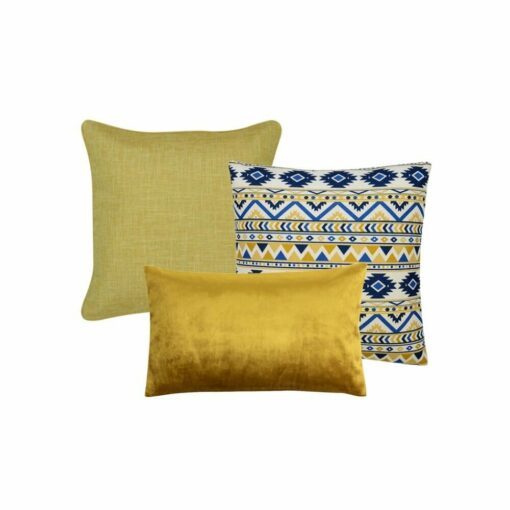 Three cushions in a set, including one yellow square cushion, one blue and yellow aztec pattern cushion and a single gold velvet rectangular cushion.