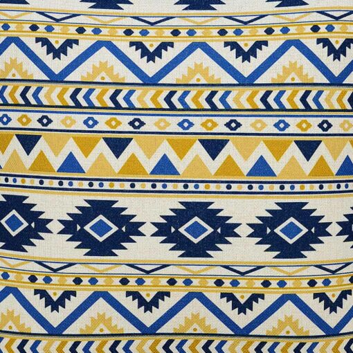 Close up image of blue, white and yellow Meso inspired square cushion cover