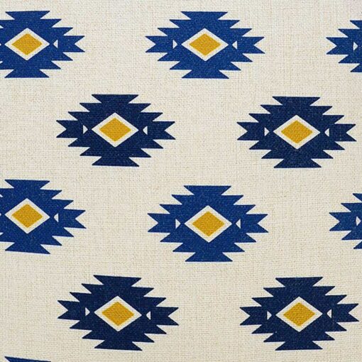 Close up image of Meso inspired 45cm x 45cm cushion cover in cream, blue and yellow colours