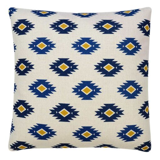 Image of blue, white and yellow square cushion cover with Meso design