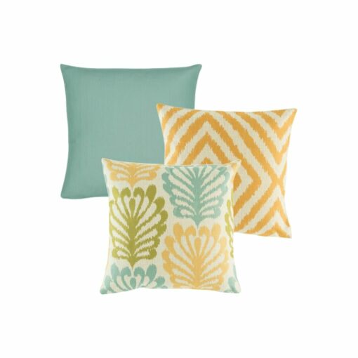 3 cushion set of yellow and teal cushions with shell design