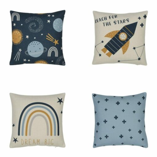 4 piece kids cushion cover set in blue, white and mustard yellow colours