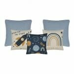 Blue 5-piece kids cushion set with rainbow, rocket, planets and stars print