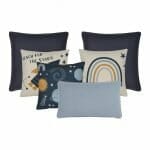 Cute kids bedroom cushions in blue, gold colours with planets, rocket, night sky theme