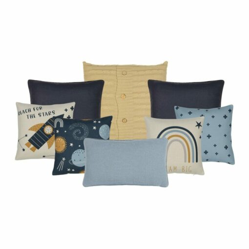 8 piece kids cushion set with yellow and blue colours and galaxy, planets, stars and rocket theme