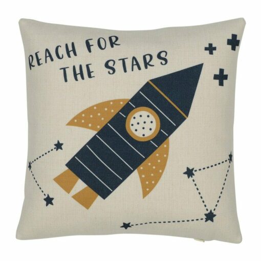Photo of cushion cover with colourful space rocket print