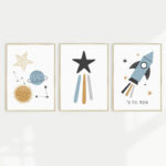 Set of three wall prints featuring rocket, stars and moon designs for a fun addition to a kids space