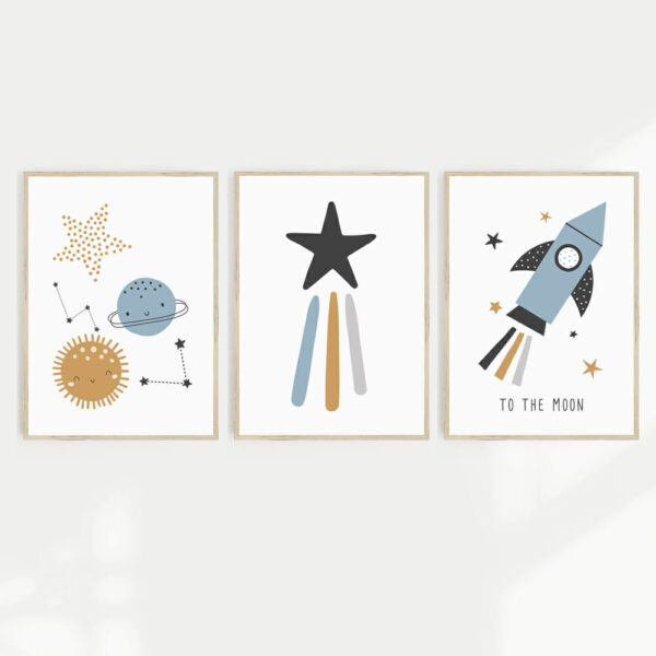 Set of three wall prints featuring rocket, stars and moon designs for a fun addition to a kids space