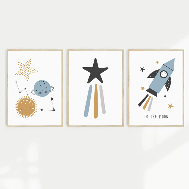 Moon and Stars Kids Wall Art - Set of 3 - WA1007 Set of three wall prints featuring rocket, stars and moon designs for a fun addition to a kids space