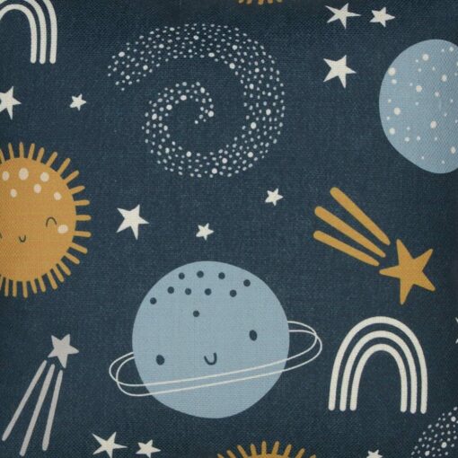 Close up image of cute kids cushion with galaxy, planets and stars
