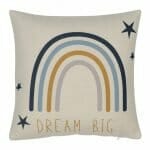 Photo of white cotton linen cushion with blue and yellow rainbow, stars and dream big print