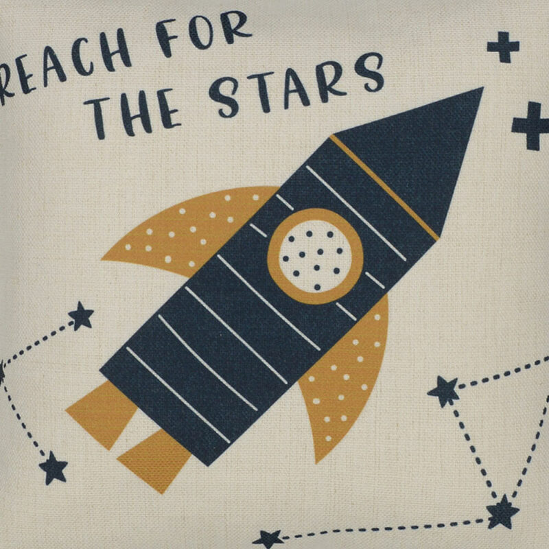 Close up image of cotton linen blend kids cushion with rocket print