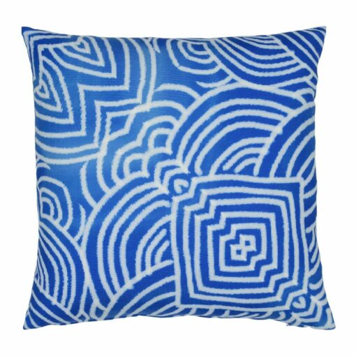 Front view of Mykonos inspired blue and white outdoor cushion made of UV, water and mould resistant fabric
