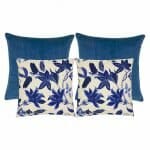 Elegant set of 4 blue square cushions in linen and velvet fabric