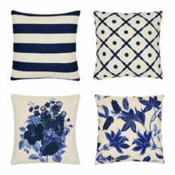 Striking collection of Hamptons style cushion with lovely floral motifs in blue and elegant stripes and lattice prints.