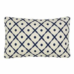 Image of white rectangular cushion with navy blue lattice design