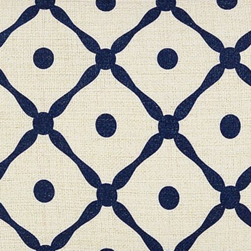 Close up image of white rectangular cushion cover with navy lattice print