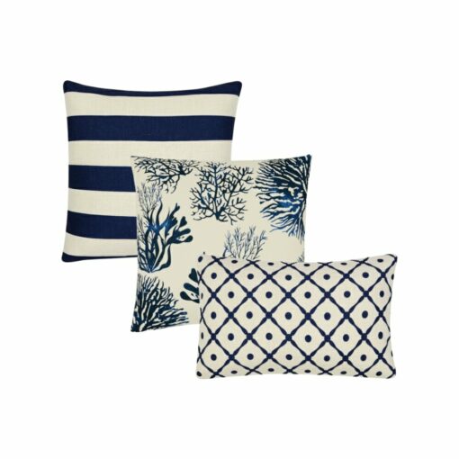 3 Hamptons cushion set in striped, lattice and coral prints