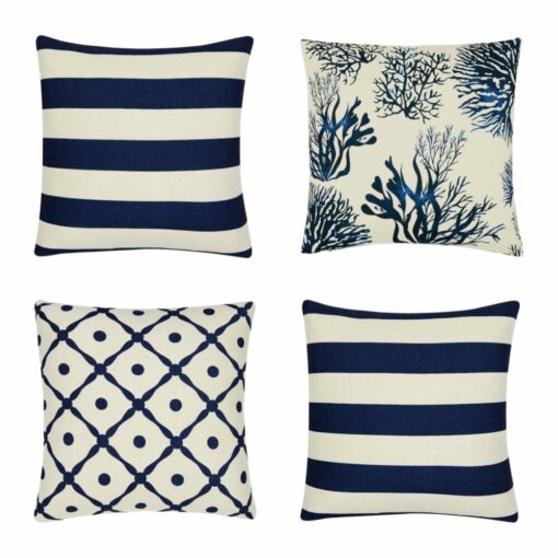 4 square navy cushions in coral, stripes and lattice patterns