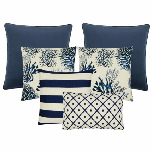 Coastal inspired set of 6 cushions in Hamptons blue motif