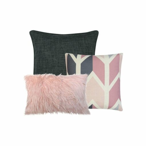 An image of a charcoal square cushion, a grey and pink chevron pattern cushion and a rectangular pink faux fur cushion.